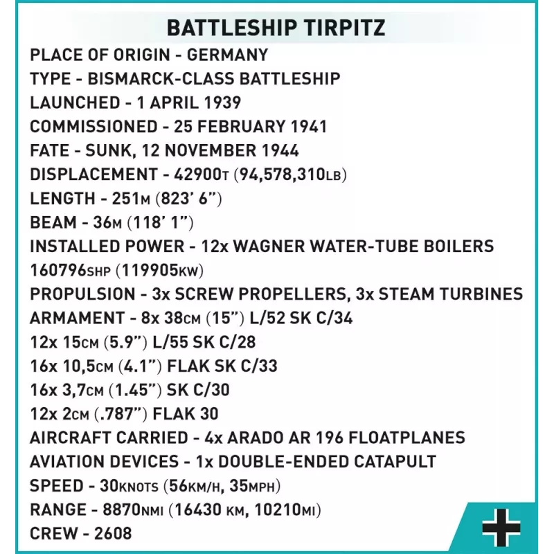 Lėktuvnešio Tirpitz modelis COBI COBI-4839 Konstravimo rinkinys Mastelis 1:300 Ilgis 870 mm Aukštis 215 mm