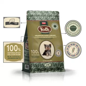 FOLK Small breeds Tradicinė Didžiosios Lenkijos antis su triušiu, obuoliais ir mairūnu – sausas šunų ėdalas – 1,6 kg
