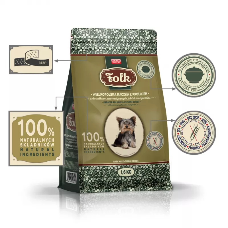 FOLK Small breeds Tradicinė Didžiosios Lenkijos antis su triušiu, obuoliais ir mairūnu – sausas šunų ėdalas – 1,6 kg