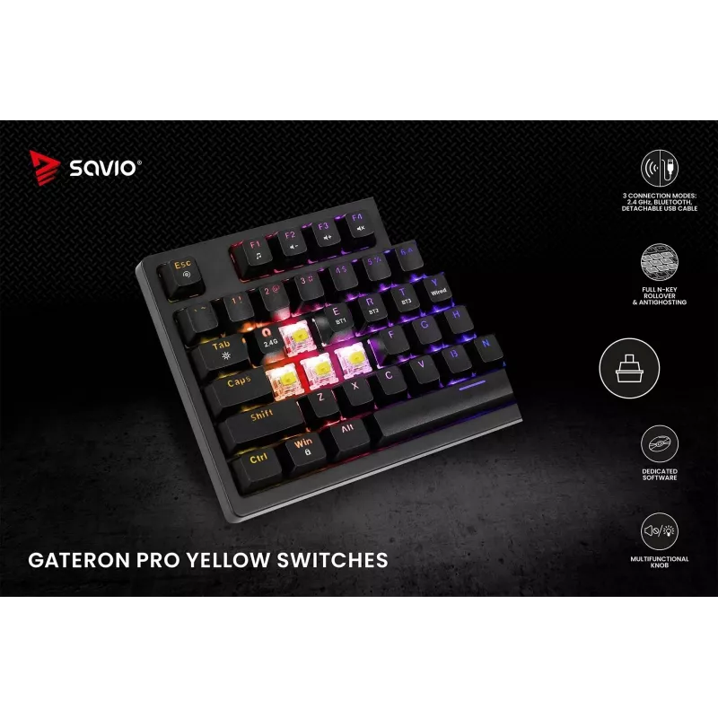 Savio Phenix SAVGK-RED belaidė mechaninė klaviatūra (82 klavišai, 75 %, Gateron Pro, RGB, RF 2,4 GHz / Bluetooth / USB)