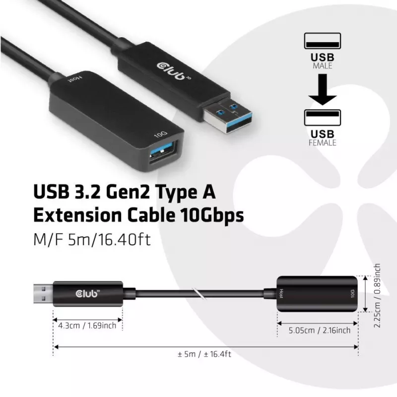 CLUB3D USB 3.2 Gen2 tipo A ilginamasis kabelis 10Gbps M/F 5m/16.40ft