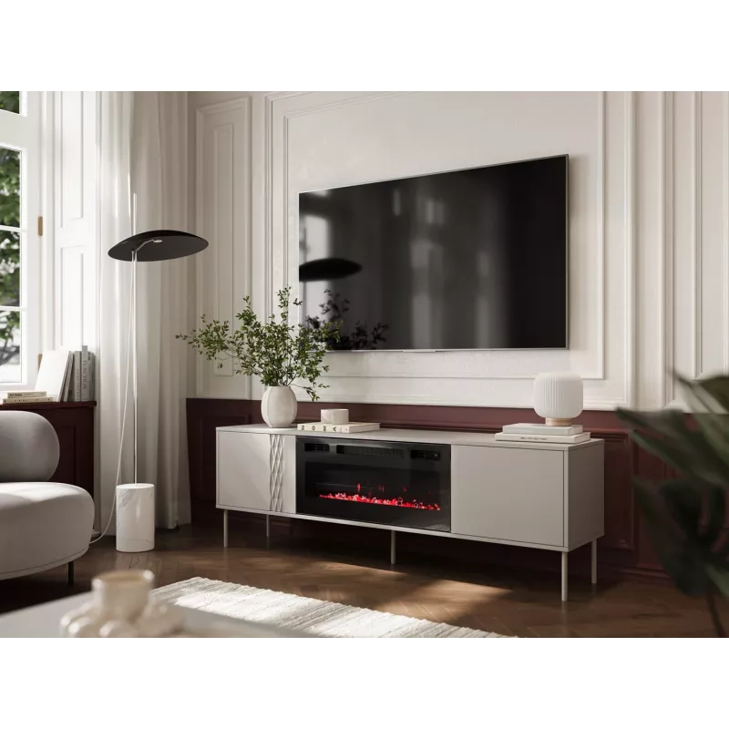 Spintelė televizoriui su židiniu Cama Meble TRESSE 180x40x54,5 cm – juodas rėmas, kaspininis matinis viršus