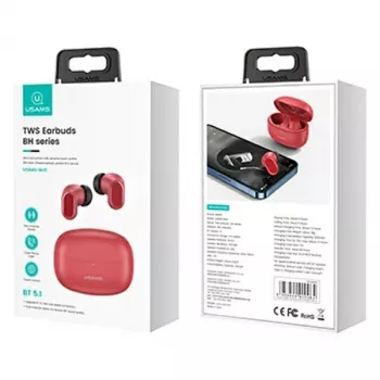 Belaidės ausinės TWS USAMS BH serija BHUBH03, Bluetooth 5.1, raudonos – į ausį, su įkrovimo dėklu
