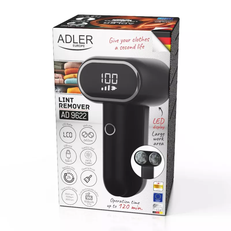 Adler AD 9622 pūkų šalintuvas juodas, įkraunamas, 10 W