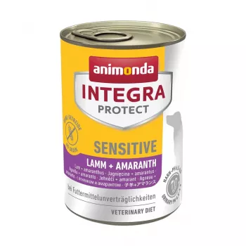 Šlapias šunų maistas animonda INTEGRA Protect ėriena + amaranthas 400 g — suaugusiems šunims, hipoalerginis, be sojų ir glitimo