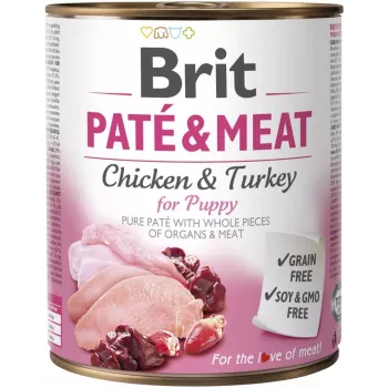Šlapias šunų ėdalas Brit Paté & Meat 800 g – pilnavertis konservuotas ėdalas jauniems šunims, kalakutiena ir vištiena, be grūdų, 75% drėgmės