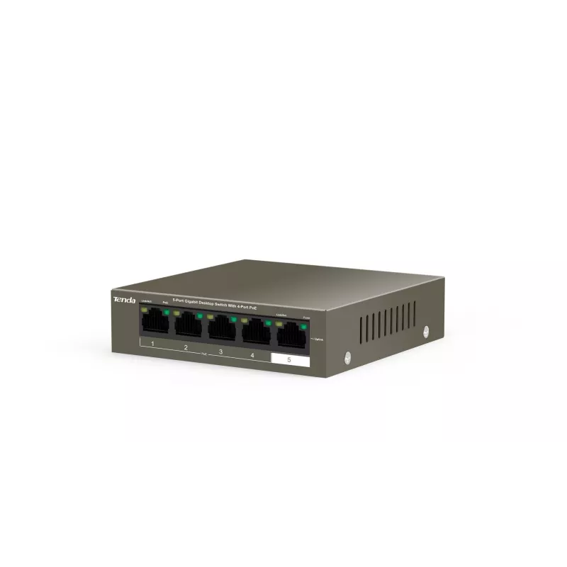 Tinklo jungiklis TENDA TEG1105P-4-63W-EU, 5x Gigabit RJ-45, 4x PoE (57,8 W bendra galia), 10 Gbit/s perjungimas