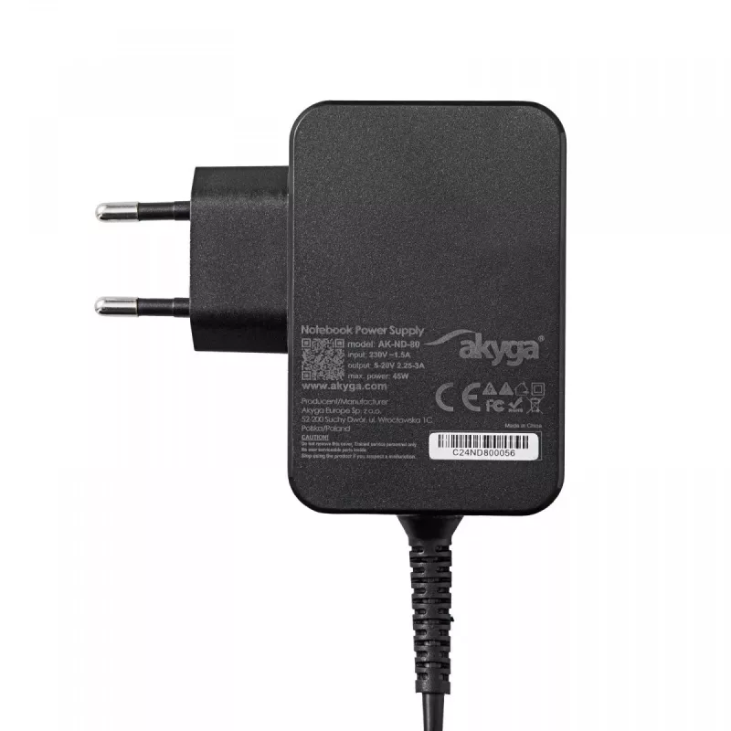 Akyga AK-ND-80 USB-C GaN nešiojamojo kompiuterio maitinimo adapteris 45 W, PD 3.0, 5–20 V, 1,8 m laidas, juodas