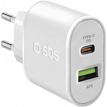 SBS - Maitinimo šaltinis - 20 W - 3 A - Greitas įkrovimas, PD - 2 išėjimo prievadai (USB, 24 kontaktų USB-C) - Baltas - Europa (TETRPD20W)