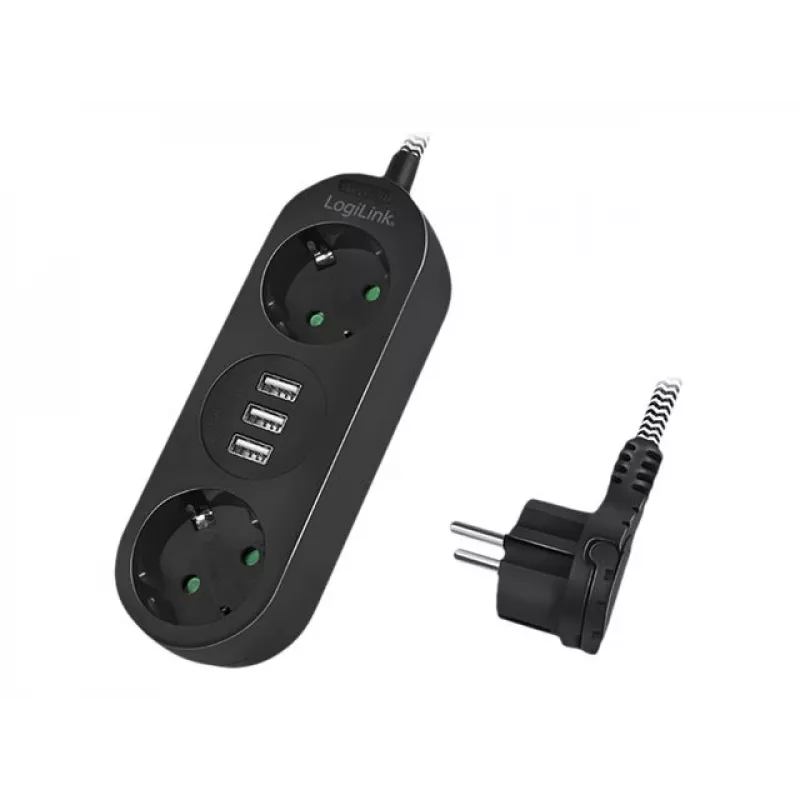 Prailginimo laidas LogiLink LPS262U 1,5 m 2 AC lizdai vidaus juodas