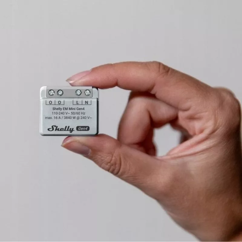 Šviesos relė Shelly Relay EM Mini Gen4 1 kanalo Wi‑Fi Matter Zigbee Bluetooth 8A, 110–240V, energijos matuoklis