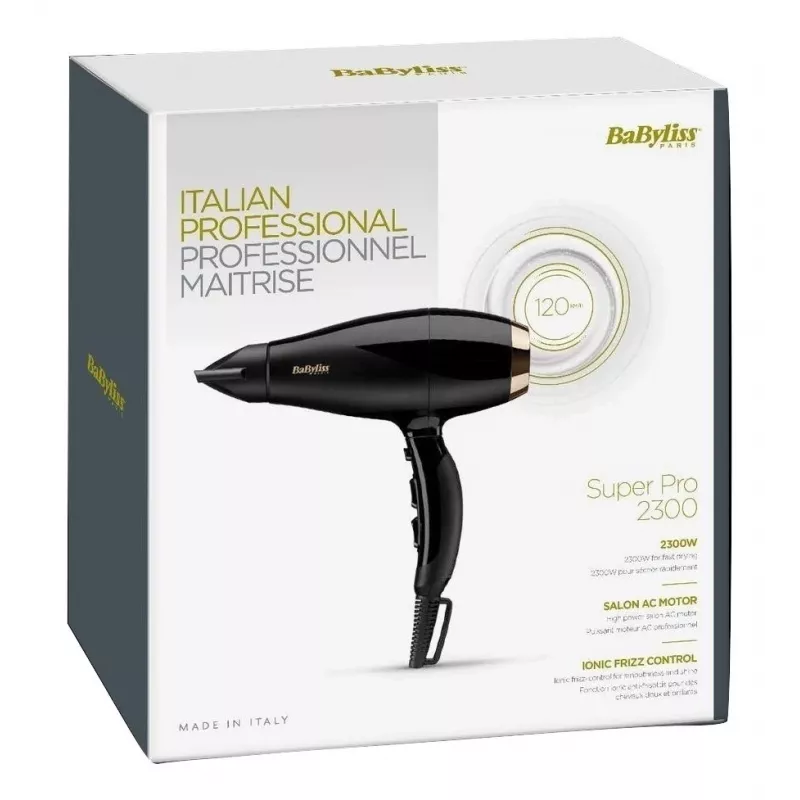 Plaukų džiovintuvas BABYLISS Super Pro 2300, 2300 W, AC variklis, 2 greičiai, 3 šilumos lygiai, jonizacija, šalto oro mygtukas, keraminė danga, 120 m³/h
