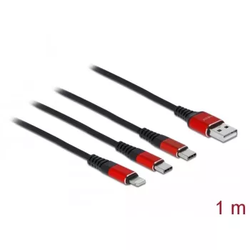 USB įkrovimo laidas DeLOCK 3 in 1 Type-A į Lightning / 2 x USB Type-C 1 m juodas / raudonas