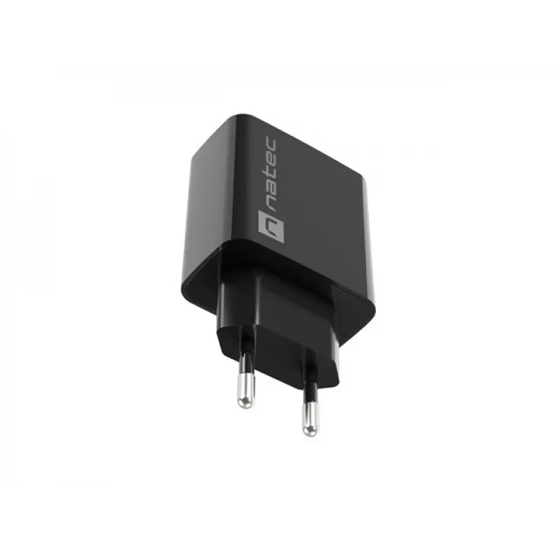 NATEC AC greitasis laidinis sieninis įkroviklis Ribera — 18 W (5–15 V, iki 3 A), 1× USB-A, Huawei FCP/SCP, juodas