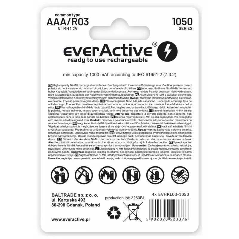 Įkraunama AAA NiMH baterijų rinkinys everActive EVHRL03-1050 1,2V – 4 vnt., 1050 mAh
