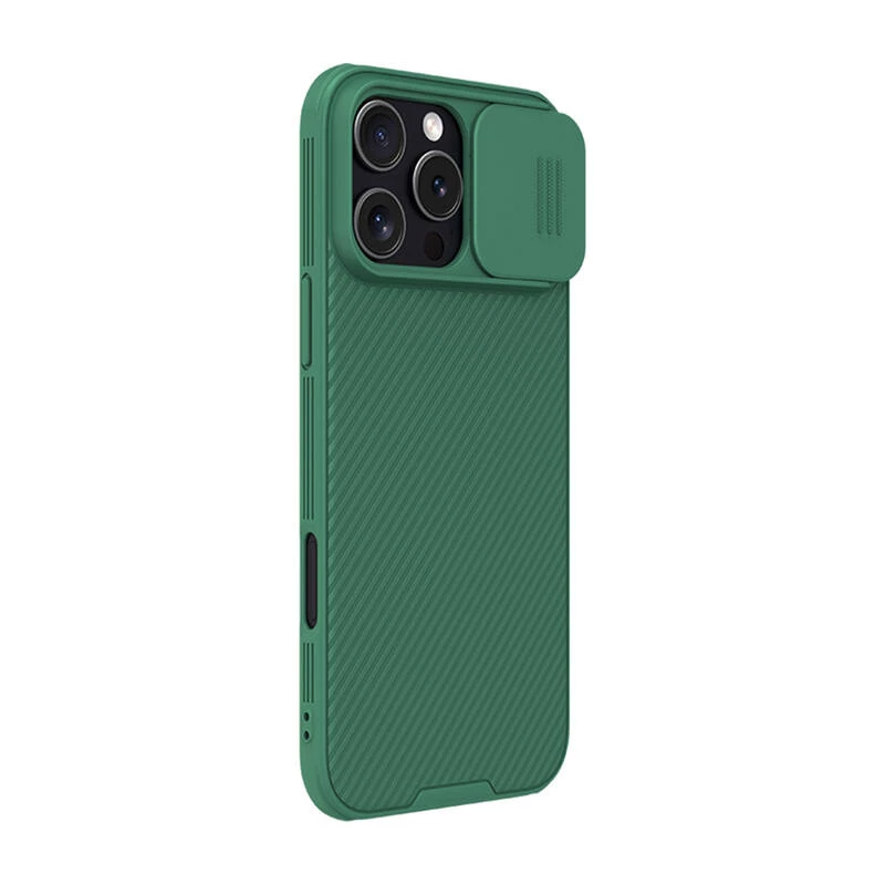 Apsauginis dėklas Nillkin CamShield Pro, skirtas iPhone 16 Pro Max, žalias, su slankiojančiu kameros dangteliu, galinė ir šoninė apsauga