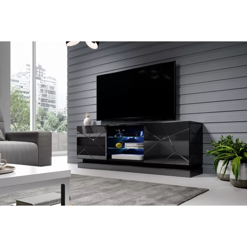 TV spintelė Cama meble QIU 160 – MDF juodas blizgesys, 1600×420×570 mm