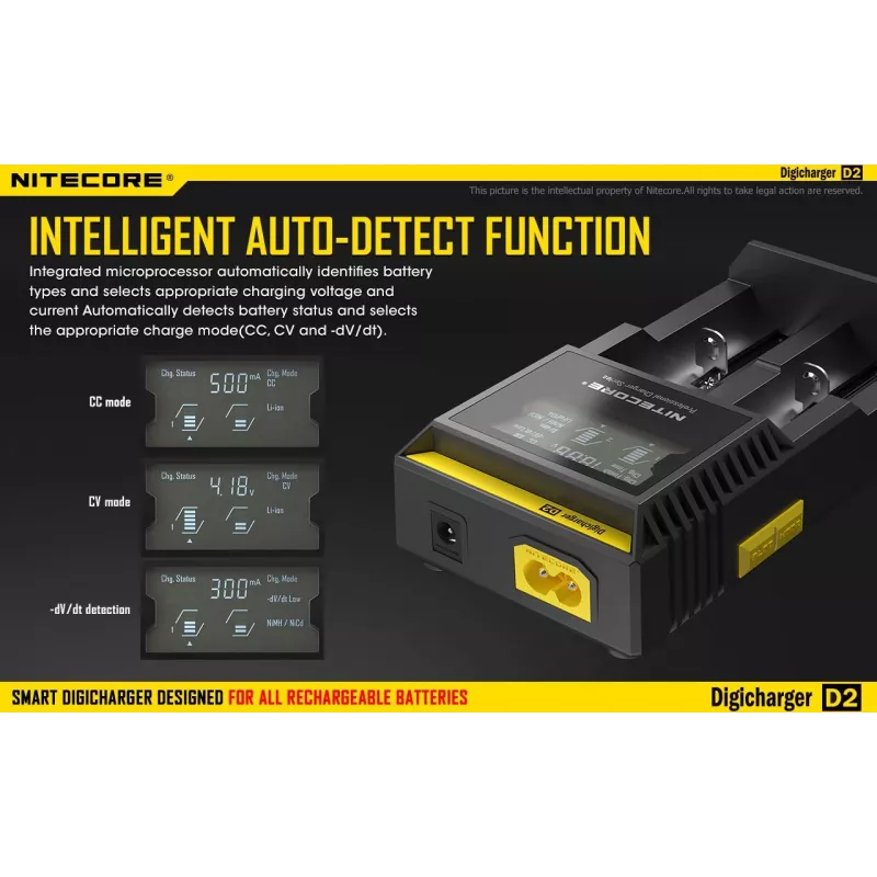Nitecore D2 įkroviklis – 2 lizdai AA/AAA/AAAA/C baterijoms, 100–240V, 4,2V, juodas