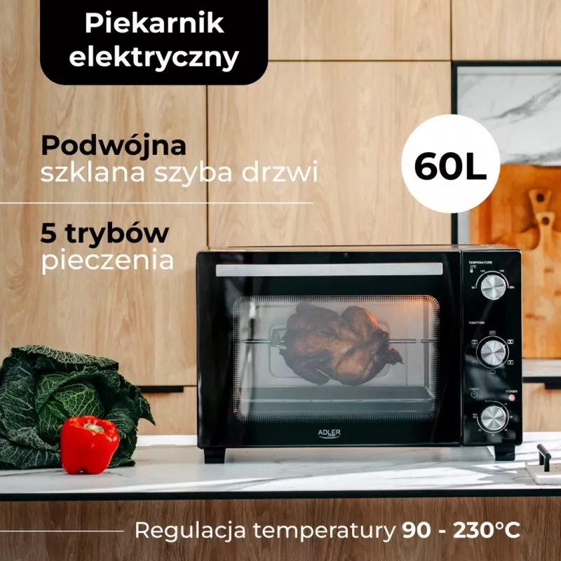 Elektrinė orkaitė Adler AD 6028 – 60 L, 2000 W, laisvai pastatoma, sukamosios rankenėlės, rotiseris, max 230 °C, juoda