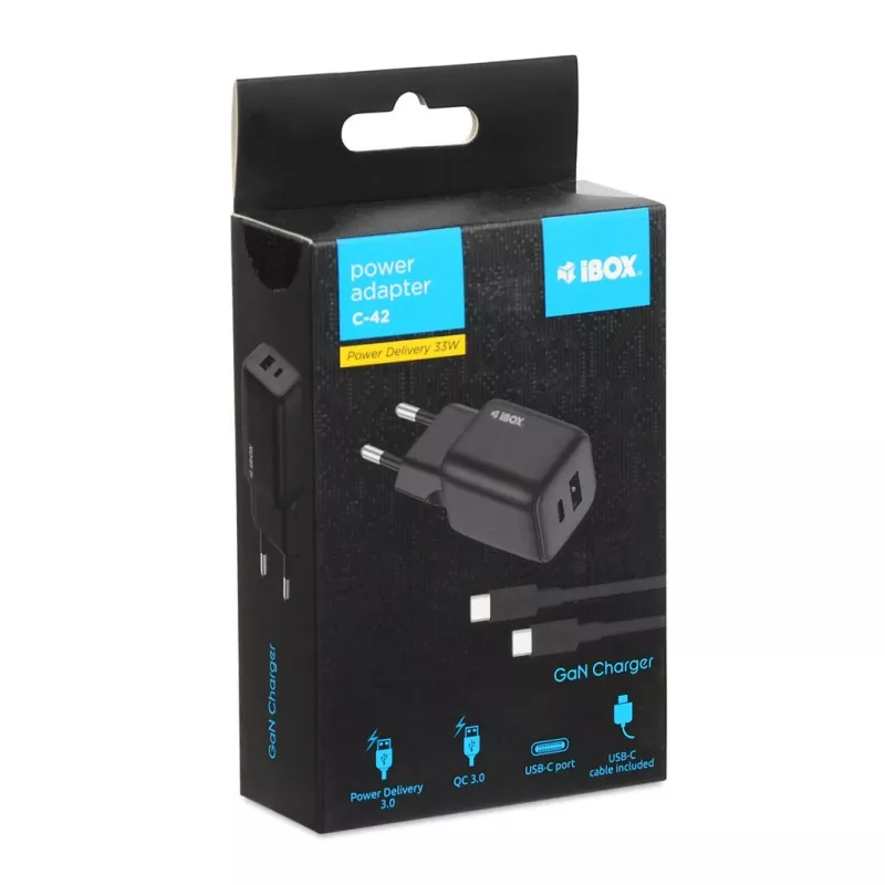 Išorinis tinklo maitinimo adapteris IBOX ILUC42B 12V 2A, 33W, USB-A + USB-C PD3.0, QuickCharge 3.0, universalus