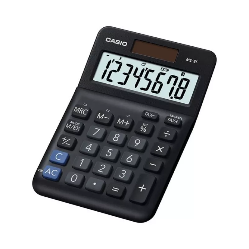 Stalinis skaičiuotuvas CASIO MS-8F – 8 skaitmenų, saulės/baterijos, 26 klavišai, valiutos ir mokesčių funkcijos, pelno skaičiavimas, juodas