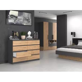 Komoda Top e shop M8 140 ANT/ART su 8 stalčiais, Antracitas/Ąžuolas, 1380×400×970 mm