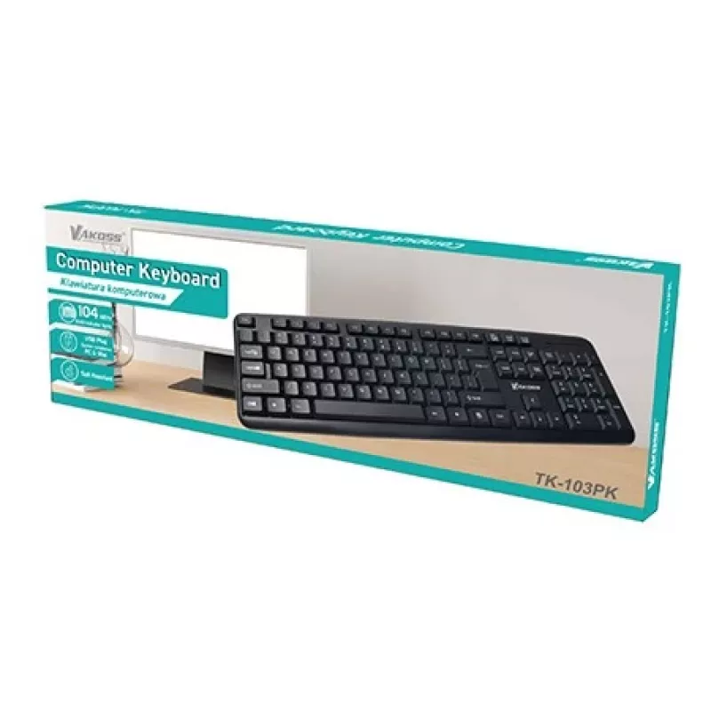 Pilno dydžio laidas klaviatūra VAKOSS TK-103PK – USB, 104 klavišai, skaitmeninis blokas, juoda, 1,4 m laidas