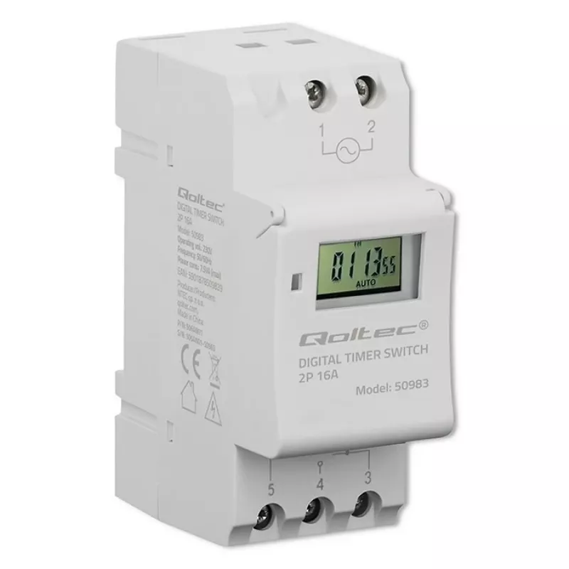 Elektroninis DIN bėgio laikmatis QOLTEC 50983, maitinamas baterija, automatikos grandinėms