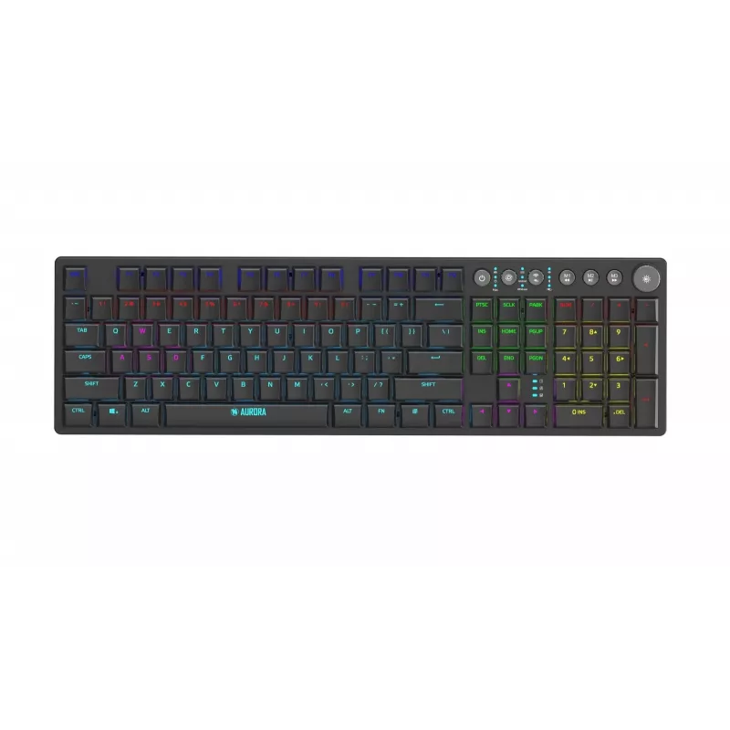 Klaviatūra IBOX AURORA K-6 – Pilno dydžio QWERTY, RF belaidė + Bluetooth, RGB apšvietimas, Mechaniniai žemo profilio klavišai, Juoda