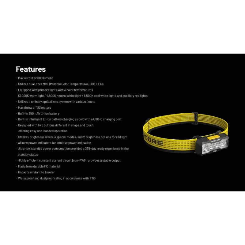 Nitecore NU27 žibintuvėlis juodas, geltonas galvos dirželis LED