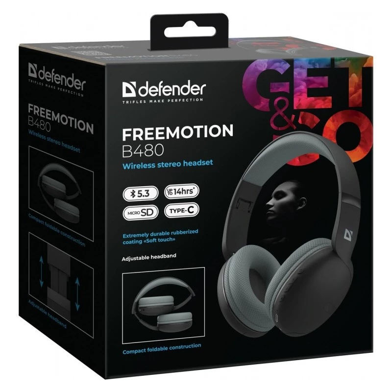 Belaidės ausinės DEFENDER Freemotion B480 — uždedamos, uždaros, Bluetooth, 20–20000 Hz, 99 dB, USB-C, AUX