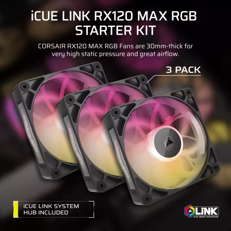 Corsair iCUE LINK RX120 MAX ARGB 120mm korpuso ventiliatoriai 3 vnt. komplektas juodi