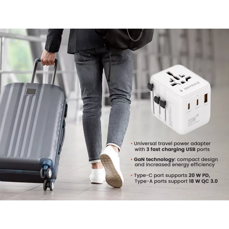 Kelioninis maitinimo adapteris GEMBIRD TPA-1A2C20-01-W — 20 W, USB-A (18 W) + 2× USB-C (20 W), E tipo kištukas, baltas
