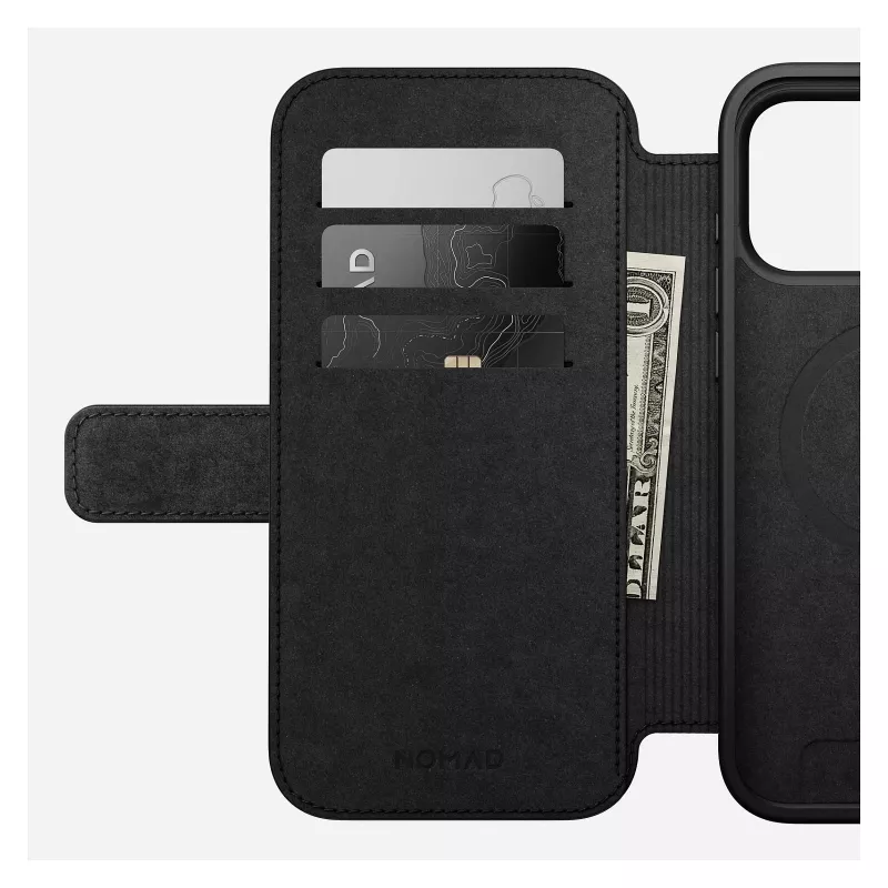 Nomad Modern Leather Folio dėklas iPhone 17 Pro Max — Tan (oda, iki 17,5 cm ekrano, 4 kortelių kišenės)