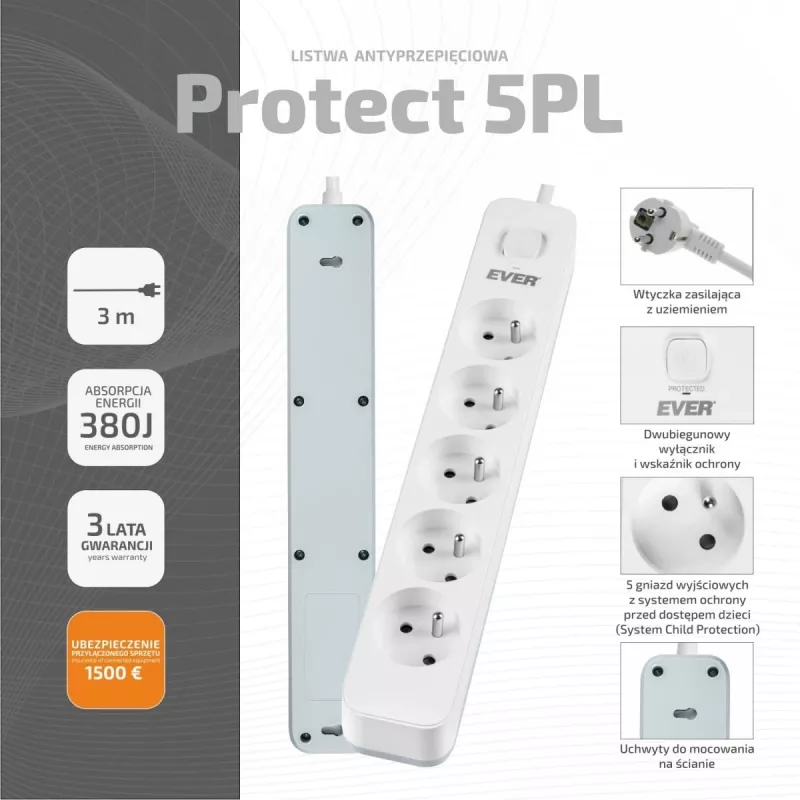 EVER Protect 5PL 3M T/LZ12-PRO030/0000 apsauginis ilgintuvas su 5 kištukiniais lizdais