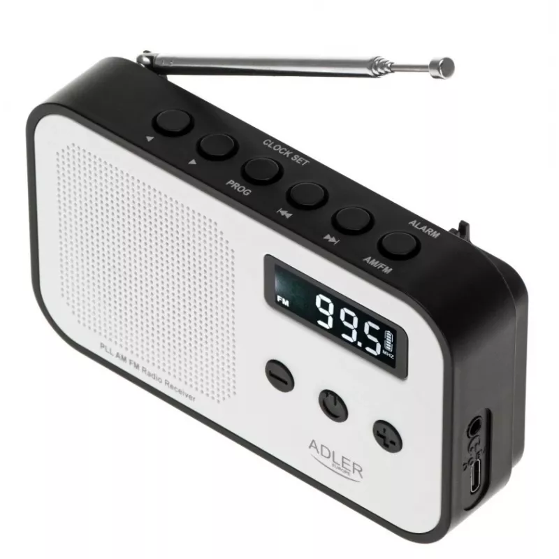 Nešiojamas skaitmeninis radijas Adler AD 1907 – AM/FM, skaitmeninis derintuvas, žadintuvas, USB-C, 600 mAh baterija, LCD, 20 stočių atmintis, teleskopinė antena