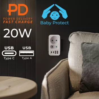 Maitinimo skirstytuvas MACLEAN MCE249 F/W – 2 kištukiniai lizdai (16A + 6A) ir 4 USB (2x A, 2x C PD 20W)