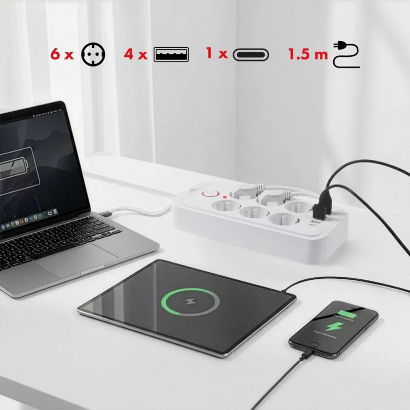 Maitinimo blokas MACLEAN MCE389 W – 6 kištukinių lizdų, 4×USB-A, 1×USB-C, 2500W, 110–240V, 1,5 m laidas, baltas