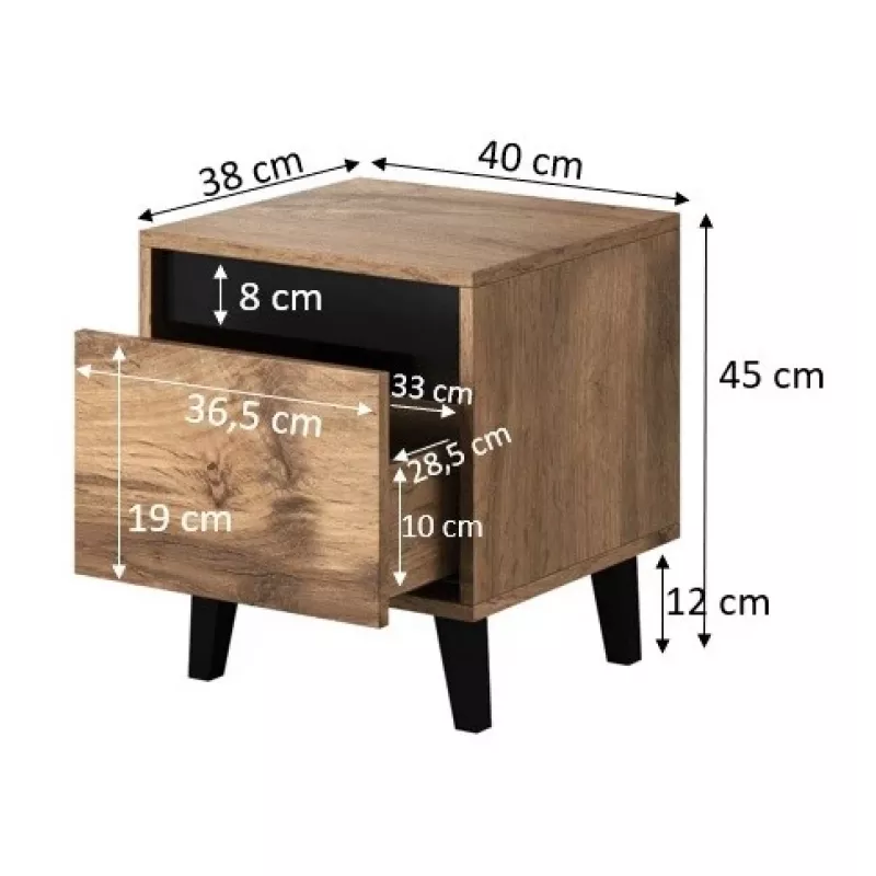 Naktiniai staliukai NORD, komplektas 2 vnt., 40×38×45 cm, ąžuolas wotan/antracitas, 1 stalčius, 16 mm korpusas