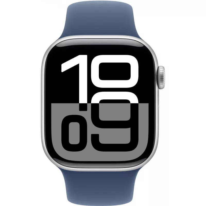 APPLE Watch Series 10 GPS 42mm sidabrinis aliuminio korpusas su džinsinio sporto dirželiu S/M