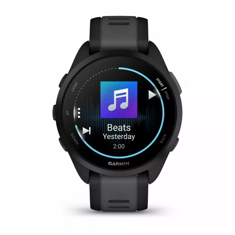 Garmin Forerunner 165 Music – juodas sportinis laikrodis su silikoniniu dirželiu, pilkai šiferio spalvos, 1,2 colio ekranas, 126–203 mm riešo apimtis (010-02863-30)