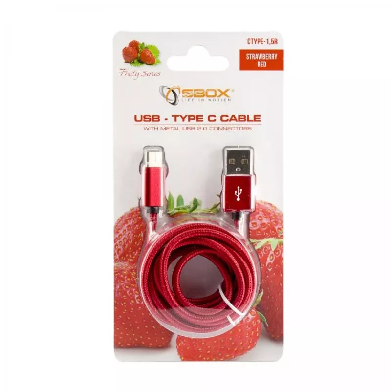 Sbox USB->Type-C laidas 1,5 m CTYPE-1,5R Braškė raudona
