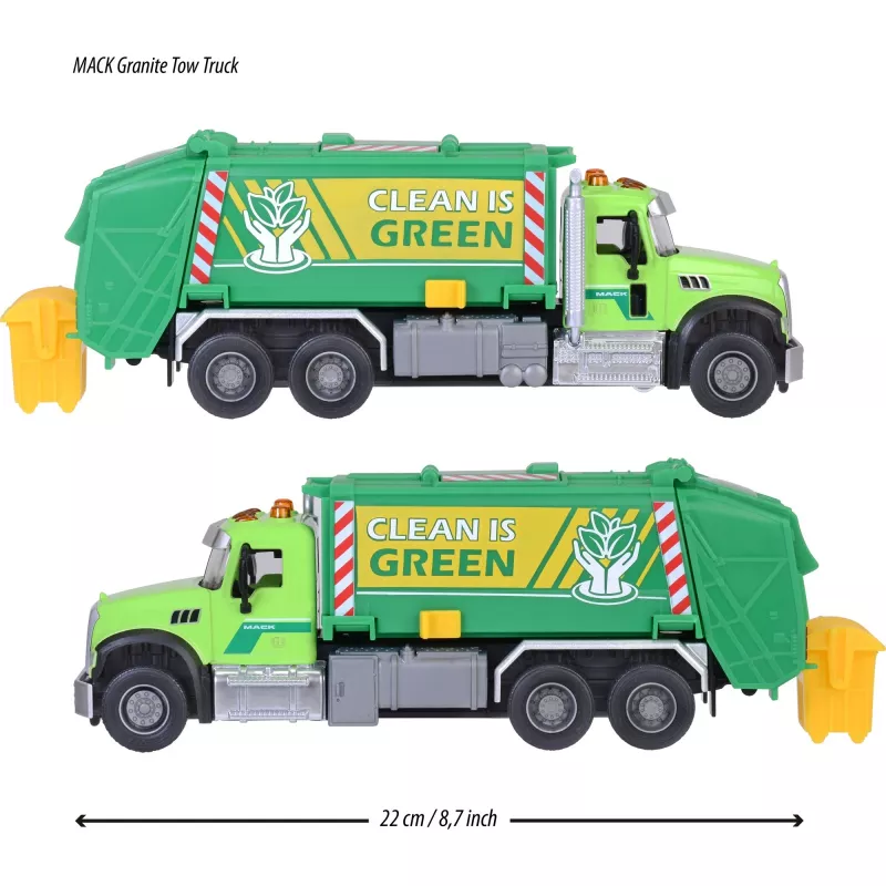 Žaislinis automobilis Majorette Mack Granite šiukšliavežis modelis 213743007, liejamo metalo mastelio žaislas