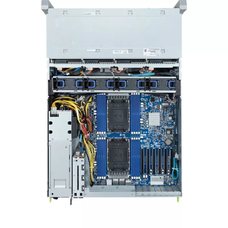 4U stelažinis serveris GIGABYTE S453-S70-AAV1 — du LGA4677 lizdai, DDR5, 16 DIMM, 38x 2,5 colio / M.2, 1600W perteklinis maitinimo šaltinis (80 PLUS Titanium)
