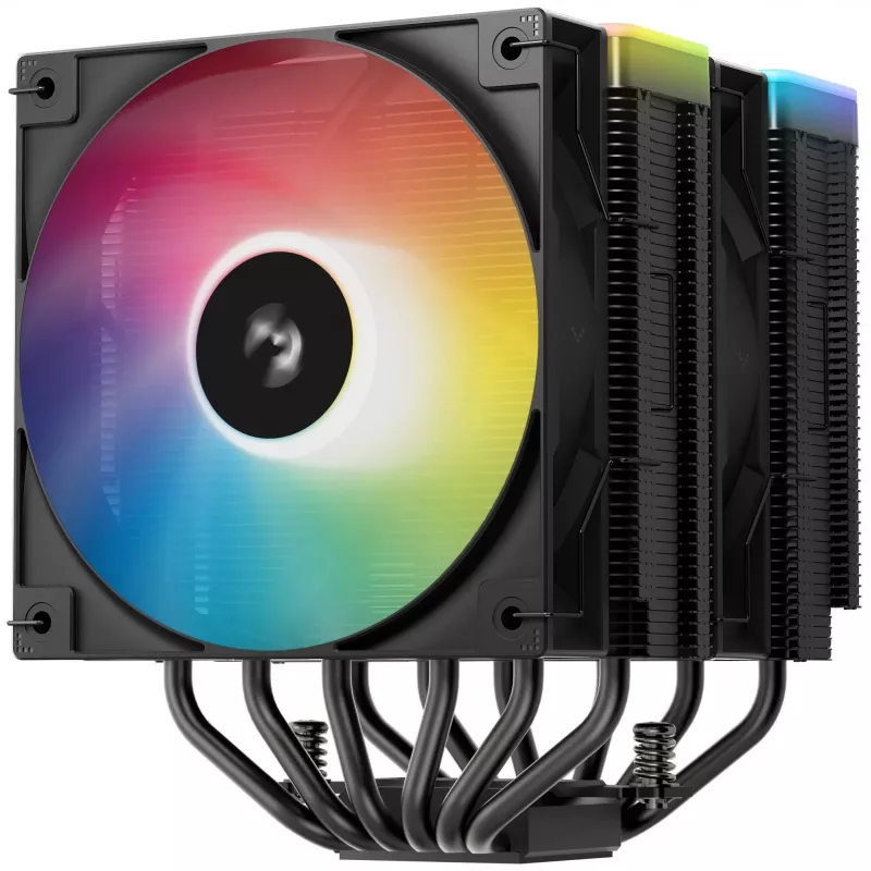 Oro aušintuvas DeepCool AG620 BK ARGB V2 — 120 mm dvigubas ventiliatorius, 6 šilumos vamzdeliai, LGA 1700/AM4/AM5, juodas