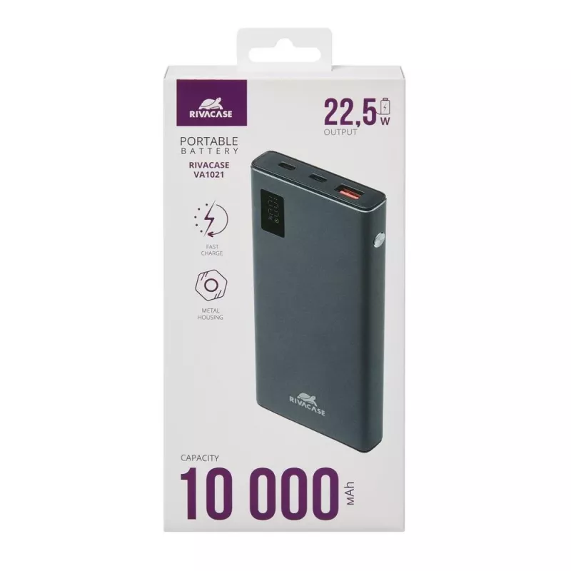 Power bank Rivacase VA1021 10000 mAh, dvi USB išvestys, LED indikatoriai, kompaktiškas nešiojamas įkroviklis