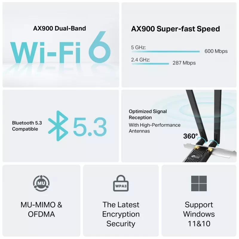 TP‑LINK Archer TX10E AX900 – PCIe adapteris, Wi‑Fi 6, Bluetooth
