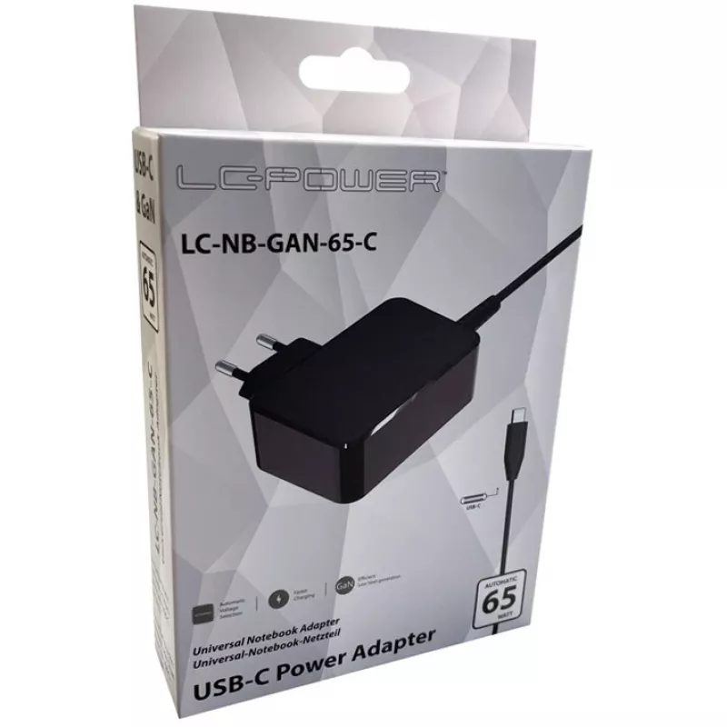 Nešiojamojo kompiuterio įkroviklis LC-Power LC-NB-GAN-65-C, juodas, vidaus naudojimui