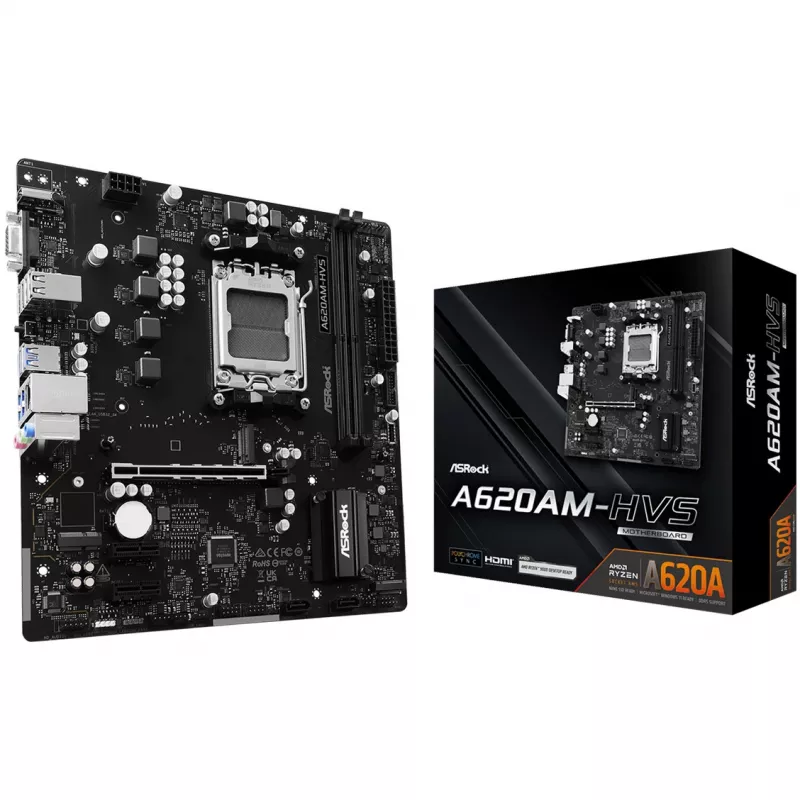 Motininė plokštė ASRock A620AM-HVS Micro ATX — AMD A620A mikroschemų rinkinys, lizdas AM5, DDR5, 2 DIMM, iki 128 GB, HDMI 2.1, M.2 2280
