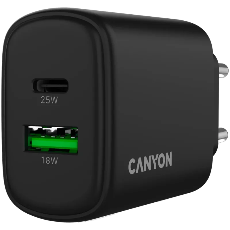 CANYON OnCharge 250 25W 1xPD 1xQC EU juodas įkroviklis